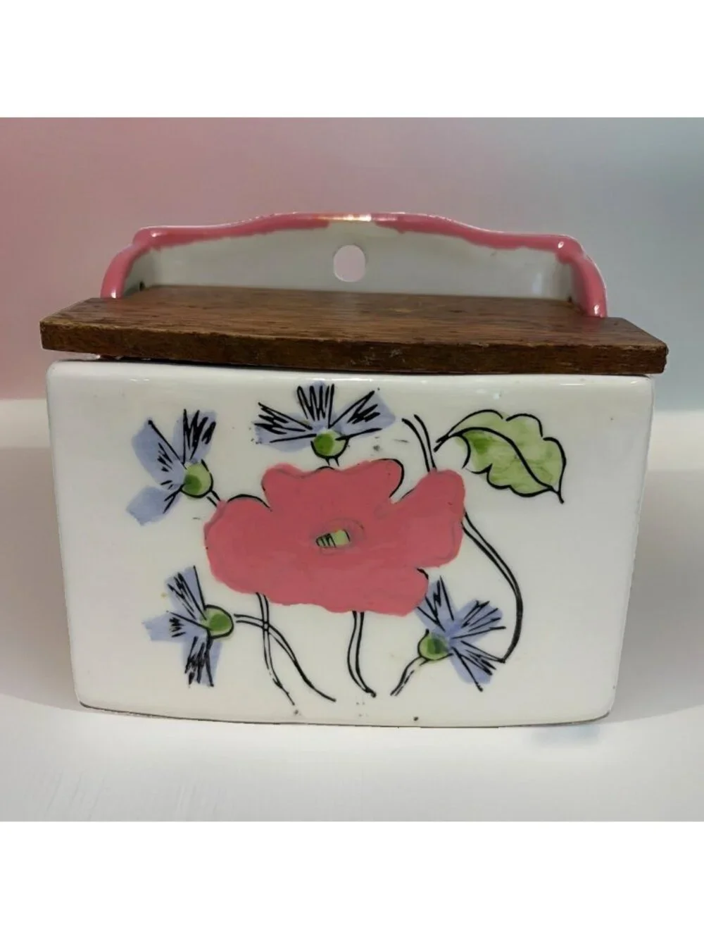 Vintage Floral Salt Cellar Box With Wooden Lid Ceramic Farmhouse Japan 4.5